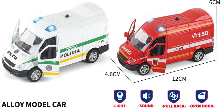 Метален Микробус Полиция и Пожарна със Светлина и Звук 13×6×15 см Мащаб 1:38
